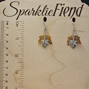 Iridescent chestnut sequin and antique silver maple leaf dangle earrings